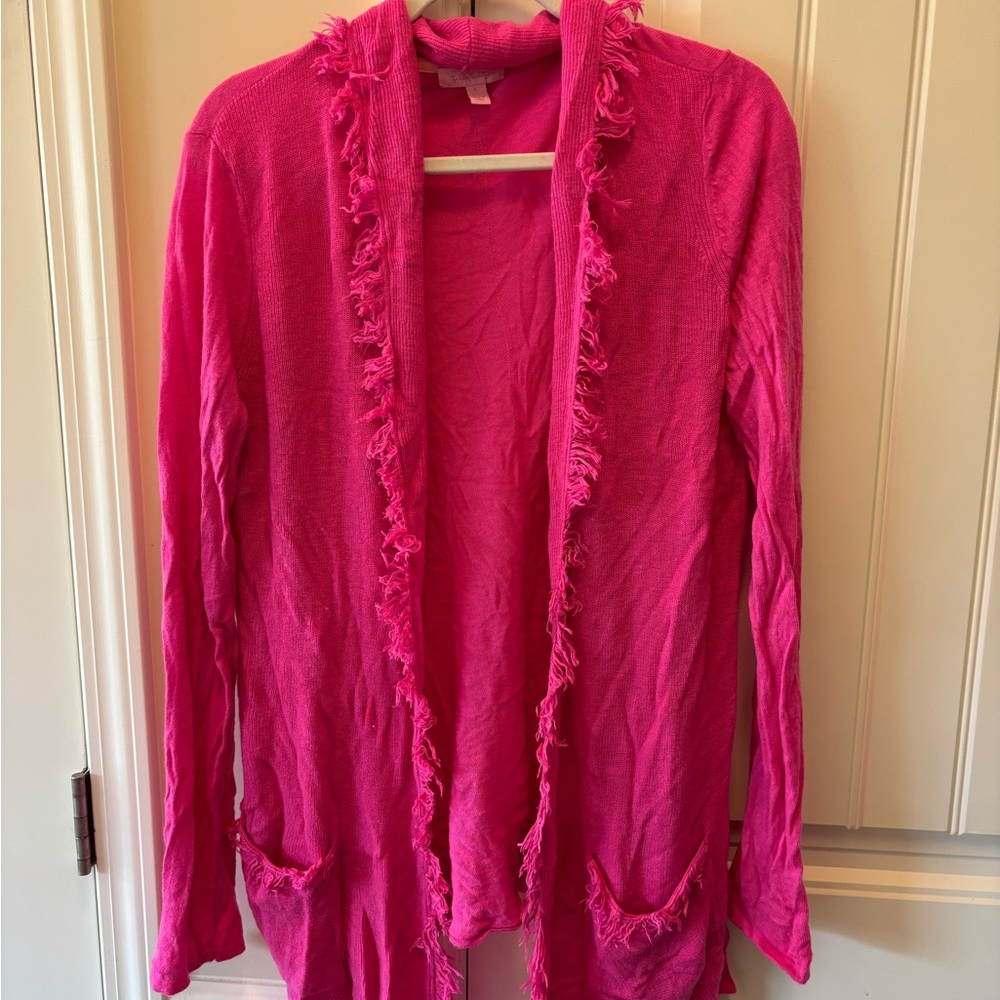 Lilly Pulitzer Pink Bridget Cardigan with fringe - size LARGE